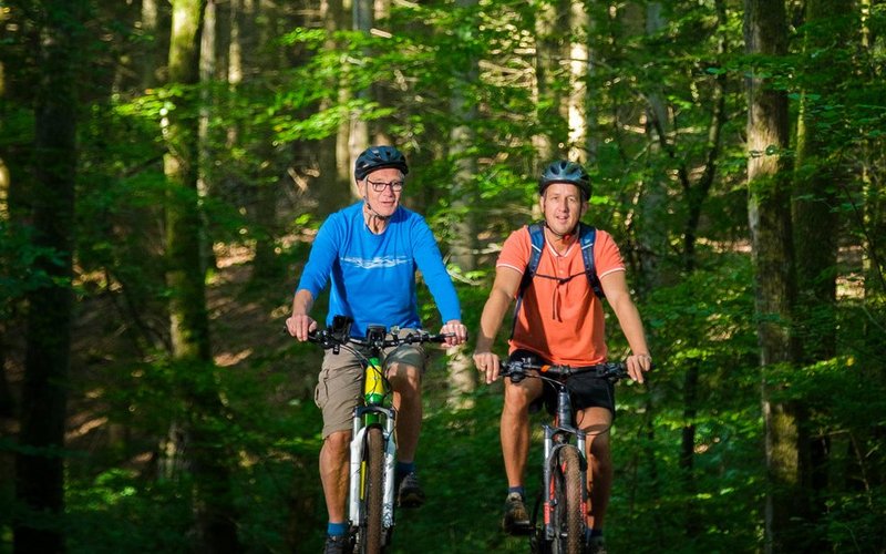 2 Männer fahren mit ihren Rädern auf einem Waldweg durch den Wald. Über ihnen erhebt sich ein Blätterdach.