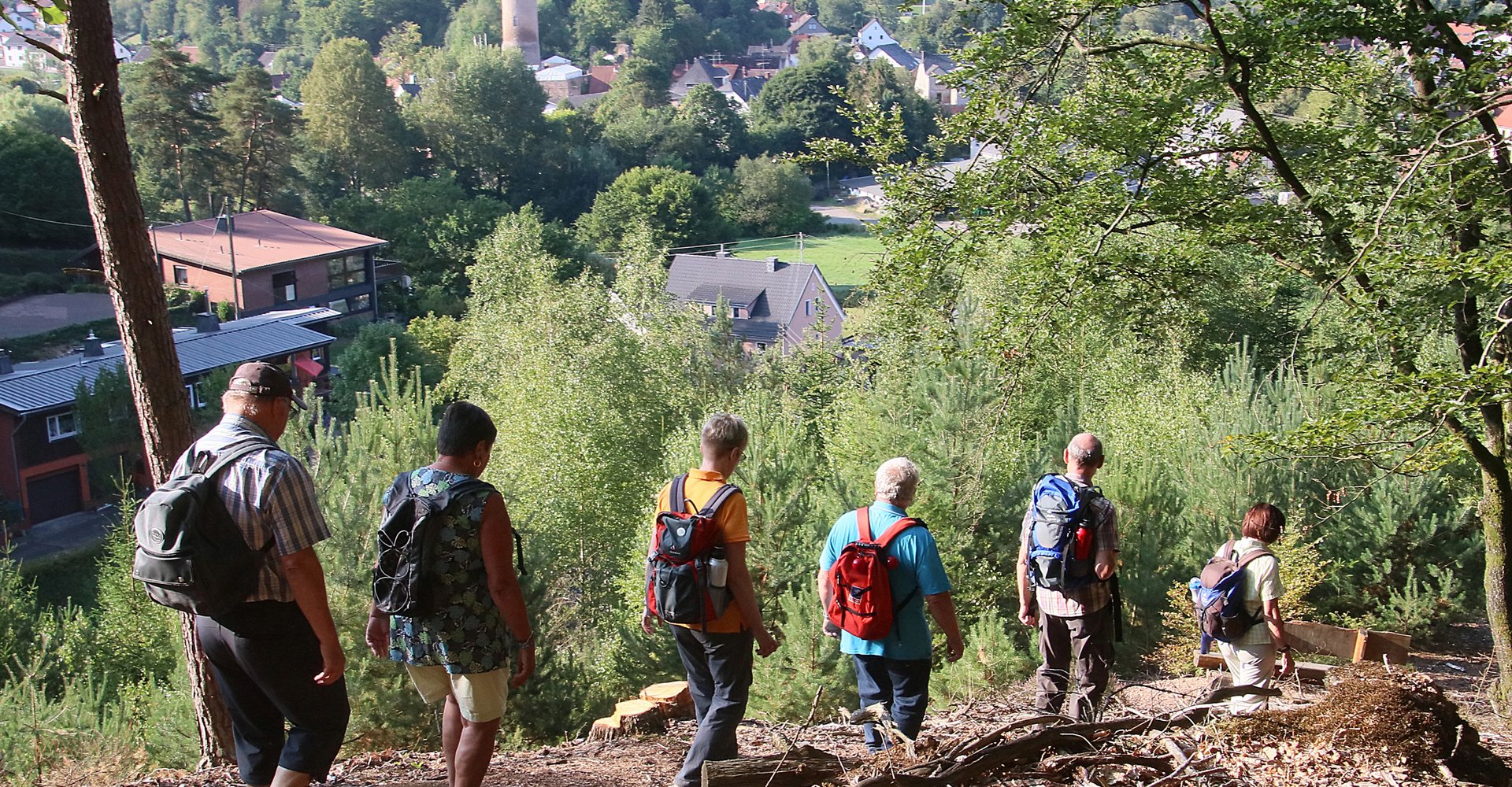 Eine Gruppe von Wanderern geht einen Hügel hinunter. Im Hintergrund befindet sich das Dorf Nohfelden mit seiner Burg.