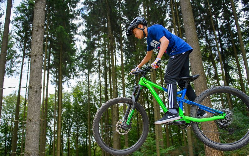 Mountainbiker springt von einem Holzpodest am Bikepark in Freisen, im Hintergrund Wald
