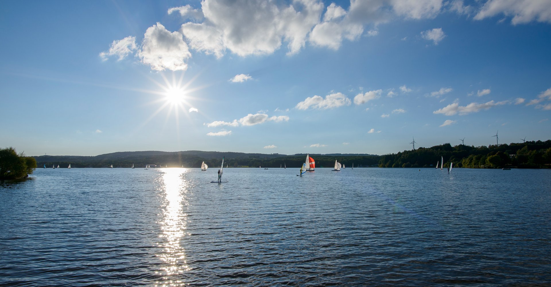Surfer, Segelboote und Stand-Up Paddler tummeln sich bei Sonnenschein auf dem Bostalsee.