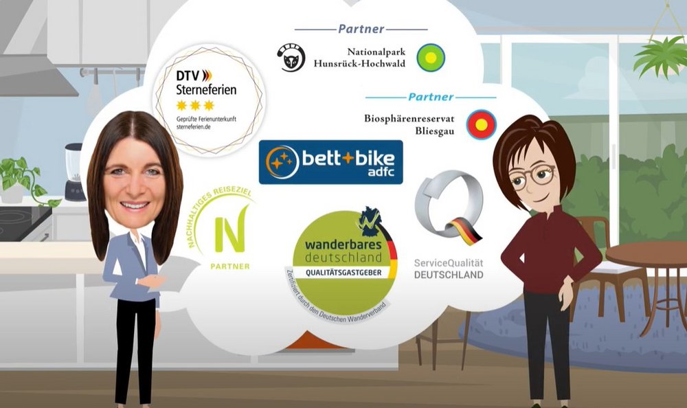Eine Sequenz aus dem Erklärvideo "Ich werde Gastgeber" mit zwei animierten Frauen, die in einer animierten Wohnung stehen. Hinter ihnen befindet sich eine große weiße Sprechblase mit verschiedenen Logos darin, wie Bett&Bike und Servicequalität Deutschland