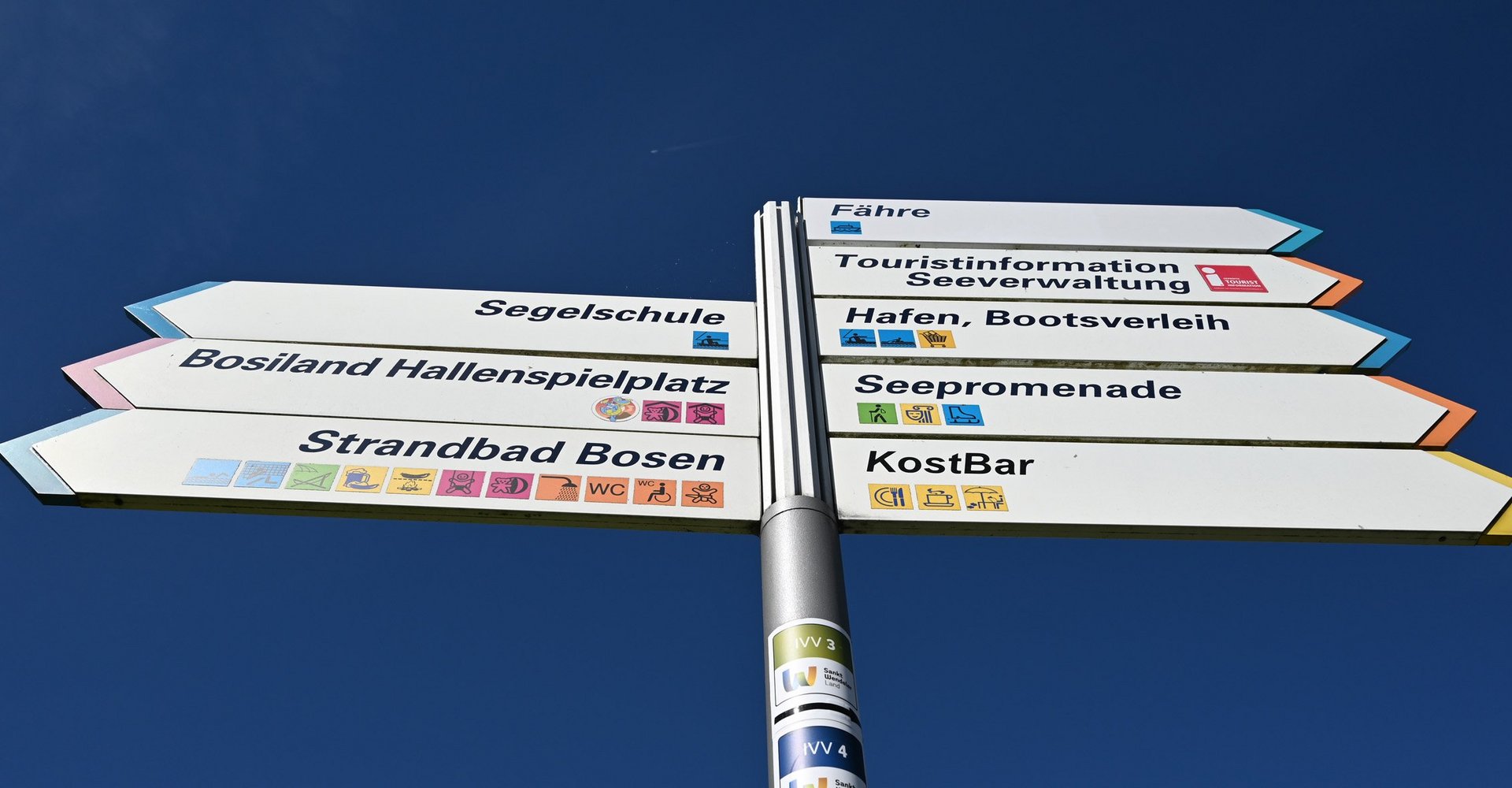 Ein Pfosten mit Pfeilwegweisern, die nach rechts und links zeigen und mit verschiedenen Orten in schwarzer Schrift bedruckt sind.