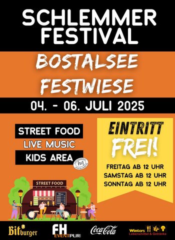 Ein buntes Plakat für das Schlemmer-Festival am Bostalsee. Darauf stehen die Daten und ein kleiner Streetfood-Truck ist abgebildet.