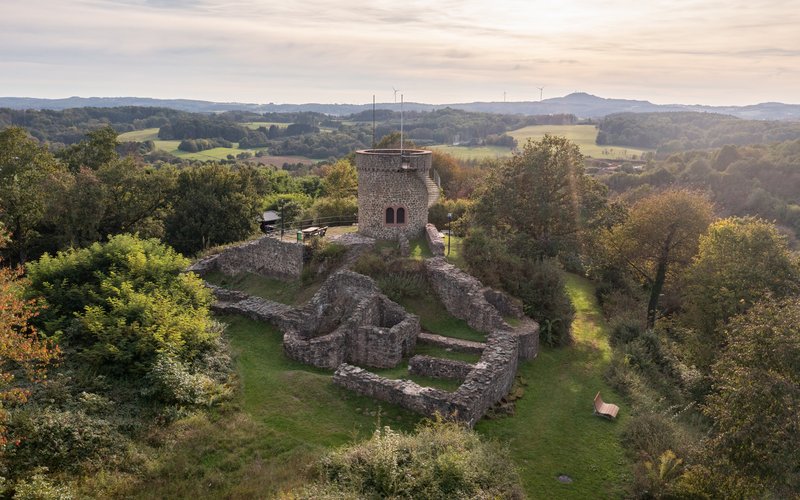 Luftaufnahme der Überreste der Liebenburg, bestehend aus Mauerresten und einem Turm.