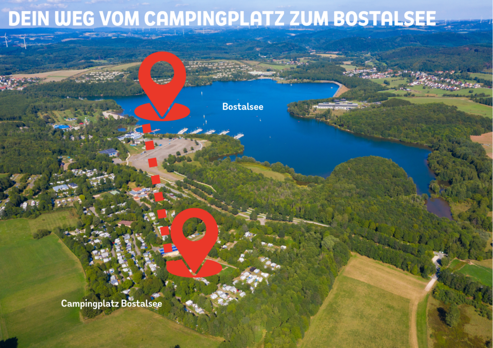 Der Bostalsee mit dem Campingplatz als Luftbild und wie man vom Campingplatz zum Bostalsee gelangt
