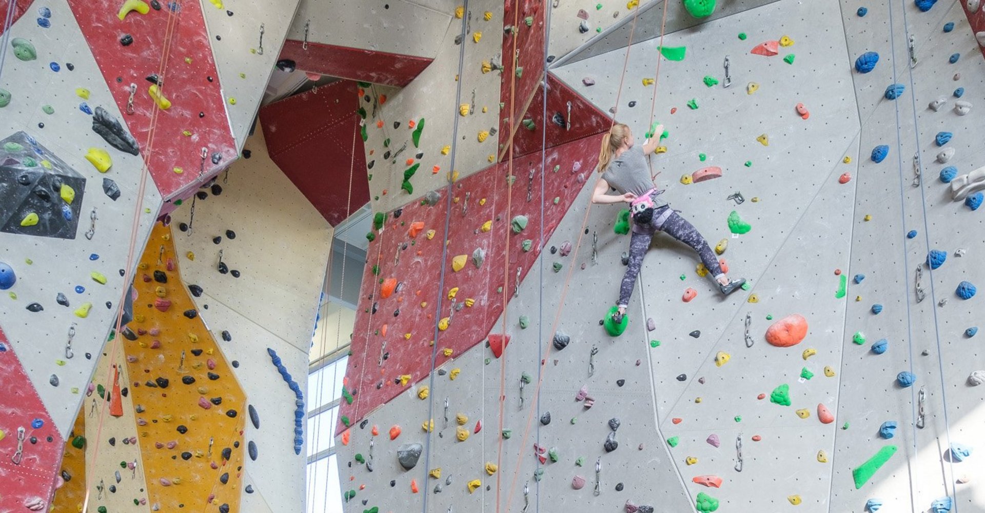 In einer Kletterhalle findet ein Turnier statt. Mehrere Personen stehen auf dem Boden, während sich eine Peron an der Wand und Decke entlangklettert.